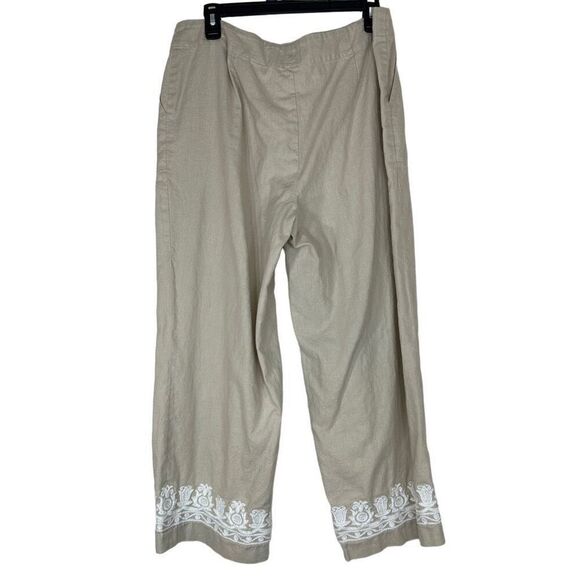 Talbots Tan Linen Blend Boho Embroidered Capri Pants Womens 14 Casual Summer - Picture 2 of 9